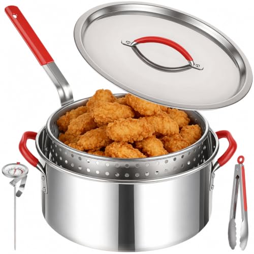 10 QT Stainless Steel Deep Fryer Pot, Complete Set with Basket, Lid, Tongs, and Thermometer, Fish Fryer for Propane and Gas Stoves, Excludes Induction or Electric Cooktops