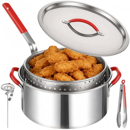 10 QT Stainless Steel Deep Fryer Pot, Complete Set with Basket, Lid, Tongs, and Thermometer, Fish Fryer for Propane and Gas Stoves, Excludes Induction or Electric Cooktops