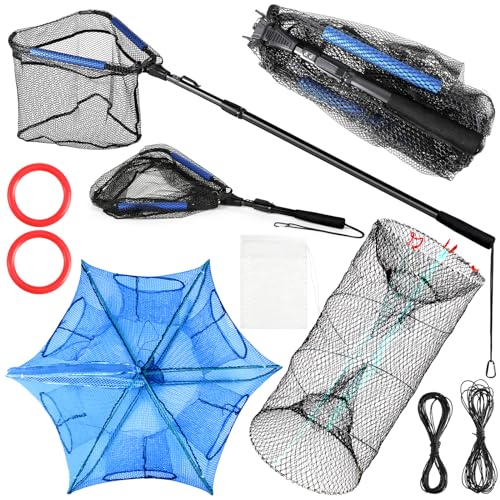 Windyun 3 Pcs Folded Fish Trap Includes Landing Net with Telescoping Pole Handle Cylindrical Hexagon Bait Bag Rope Bait Traps for Fishing Crab Crawfish Shrimp Lobster Accessories