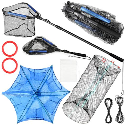 Windyun 3 Pcs Folded Fish Trap Includes Landing Net with Telescoping Pole Handle Cylindrical Hexagon Bait Bag Rope Bait Traps for Fishing Crab Crawfish Shrimp Lobster Accessories