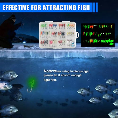 Ice Fishing Jig Kits,Luminous Ice Fishing Lures Micro Jig Head Hooks Fish Gear Tackle Accessories Winter Fishing Jigging for Crappie Pike Panfish Walleye Perch Bluegill - color: Colorful - 48pcs