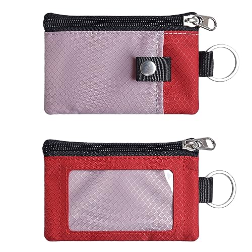CHENSPRX Minimalist RFID Blocking Small Wallet with ID Window,WaterResistant Zip Id Case Wallet with Lanyard Keychain for Cards,Cash,Travel,Women,Men - color: LightPurple+Red