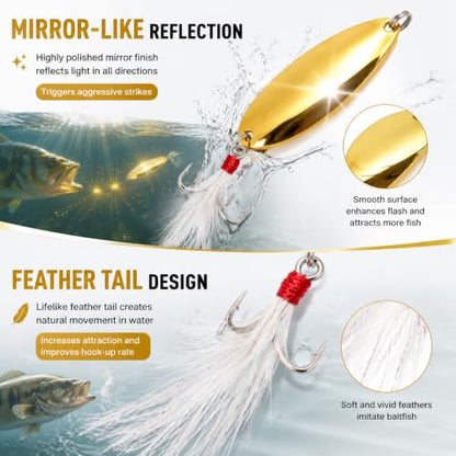 5Pcs Fishing Lures Fishing Spoons,Metal Fishing Spoons Lure with Feather Treble Hooks, Casting Spinner Baits for Trout Bass Salmon Freshwater Saltwater Fishing - color: 5PCS(Gold)