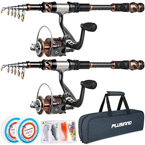 PLUSINNO Fishing Rod and Reel Combos - Carbon Fiber Telescopic Fishing Pole - Spinning Reel 12 +1 Shielded Bearings Stainless Steel BB - color: 2PACK Full Kit with Carrier Case, size: 2.4M 7.87FT