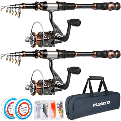 PLUSINNO Fishing Rod and Reel Combos - Carbon Fiber Telescopic Fishing Pole - Spinning Reel 12 +1 Shielded Bearings Stainless Steel BB - color: 2PACK Full Kit with Carrier Case, size: 2.1M 6.89FT