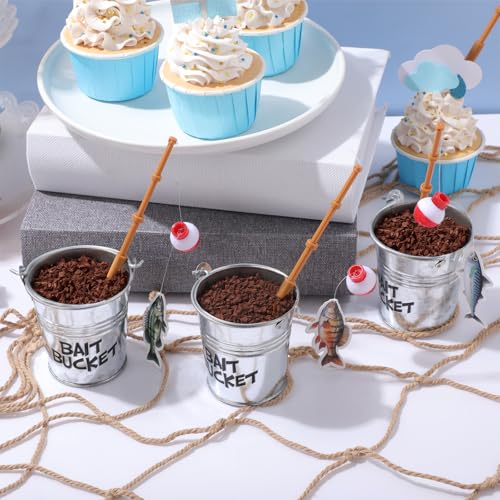 Soulchen 24 Pcs Mini Fishing Birthday Party Decorations Include 12 Fish Cupcake Pole Picks 12 Mini Tackle Bait Bucket 12 Bobber for Gone Fishing Theme Supplies Ocean Party Cake Decor - style: Bait Bucket