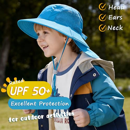 Outdoor Kids Sun Hats with Neck Flap Boys Girls Wide Brim UPF 50+ UV Protection Children Bucket Hat Safari Hat - color: 1pack-blue
