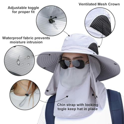 Sun Hat Unisex Face Coverage Shield Neck Flap Cap Garden Lawn Work Sports Hiking Fishing Hats - color: Light Grey