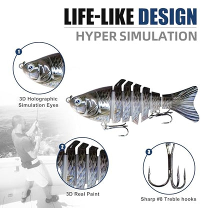 6PCS Fishing Lures for Freshwater and Saltwater with case,Slow Sinking Multi Jointed Swimbaits, Lifelike Lures for Bass Trout Crappie Walleye Pike