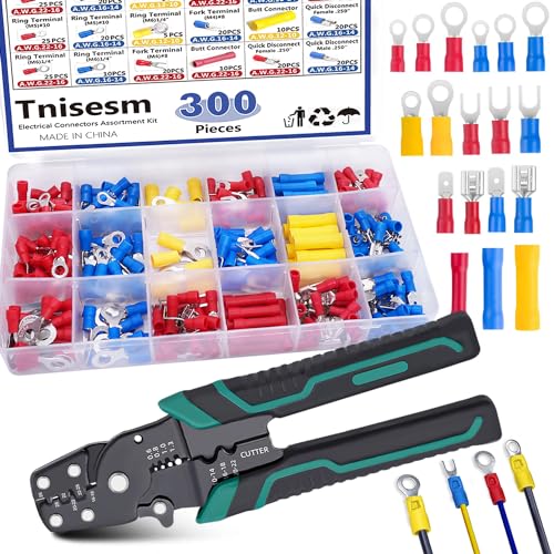 Tnisesm Insulated Wire Electrical Connectors Assortment Kit with Ring, Spade, Butt, Quick Disconnect, Crimp Automotive Cable Terminals - color: 300PCS+Crimping Tool