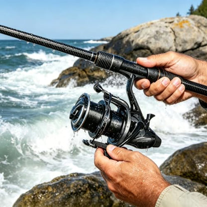 Double Brake Spinning Reel Heavy Duty Metal Body with CNC Machined Spool 55LB Max Drag 6+1 BB Smooth 4.1:1 High Speed Gear Ratio Saltwater Freshwater Reel for FPL 8000-12000 Series