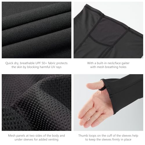 BASSDASH UPF 50+ Men’s Long Sleeve Fishing Shirt with Mask UV Neck Gaiter Hoodie - color: Black, size: Medium