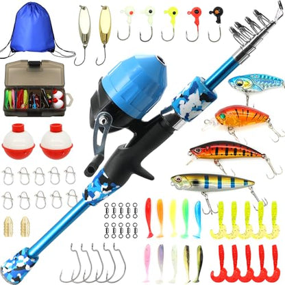 Kilitn Kids Fishing Pole Kit, Easy Fishing Telescopic Casting Rod and Spincast Reel Combos Full Set with Tackle and Travel Bag, for Boys, Girls, Youth, Starter - color: Blue Camouflage