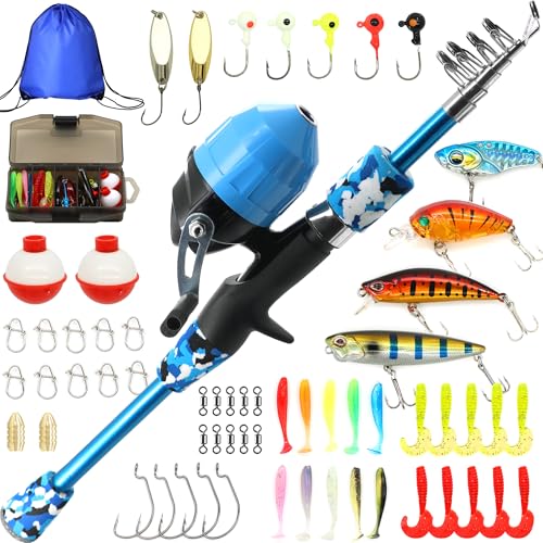 Kilitn Kids Fishing Pole Kit, Easy Fishing Telescopic Casting Rod and Spincast Reel Combos Full Set with Tackle and Travel Bag, for Boys, Girls, Youth, Starter - color: Blue Camouflage