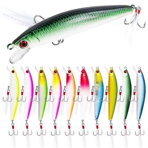 10Pcs Fishing Lures Minnow Bass Lure Jerkbait Topwater Hard Baits with Double Treble Hooks Flasher Feathers for Bass Trout Walleye Redfish Saltwater Freshwater 3.4in/0.3oz