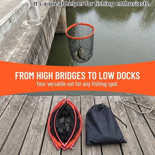 Foldable Bridge and Pier Fishing Landing Net - High Load-Bearing Aluminum Ring Drop Net for Saltwater Freshwater - Collapsible Basket with 50 FT Rope