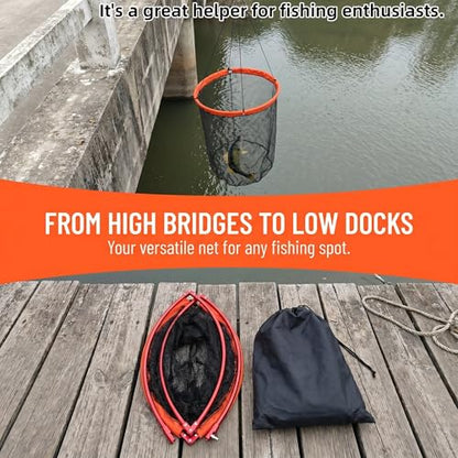 Foldable Bridge and Pier Fishing Landing Net - High Load-Bearing Aluminum Ring Drop Net for Saltwater Freshwater - Collapsible Basket with 50 FT Rope
