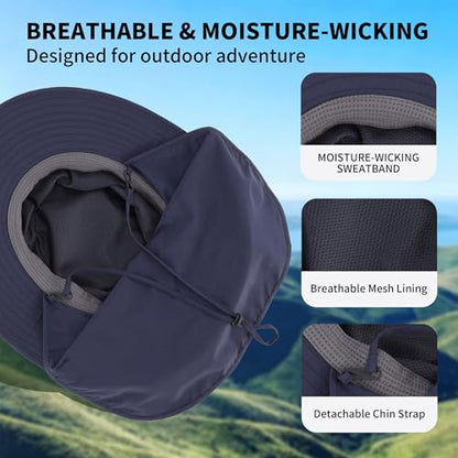 Connectyle Wide Brim Sun Hat for Men Women UPF 50+ Breathable Fishing Hat with Neck Flap Outdoor Hiking Safari Bucket Hats - color: Navy Blue