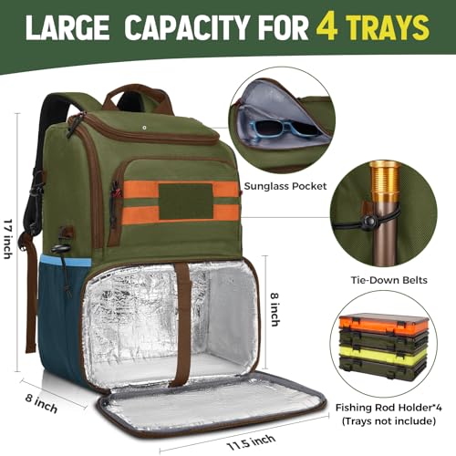 MATEIN Fishing Backpack Tackle Box, Tackle Backpack with Cooler for Men | Tackle Box Backpack, Fishing Bag with Rod Holders, Hold 4 3600 Tackle Boxes, Water Resistant, Gear Accessories, Fishing Gifts - color: Green & Orange & Blue
