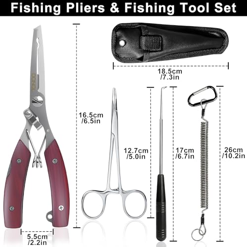 DONQL 4pcs 6in Fishing Pliers Tools Kit, Fishing Pliers Hook Remover, Fishing Scissors Line Cutter, Saltwater Resistant Fishing Gear with Lanyard, Multifunctional Fishing Hook Remover Gifts - color: Red