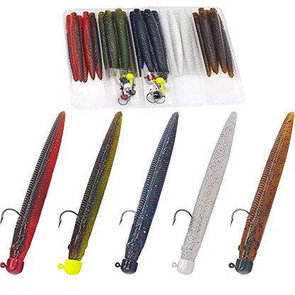 Ned-Rig-Kit-Finesse-Baits-Soft-Plastic-Worms-Fising-Lure for Bass Stick Swimbait Minnow Crawfish Lures Shroom Ned Jig Head Kit - color: 35-Piece 4'' #01 Stick Worms Ned Rig Kit