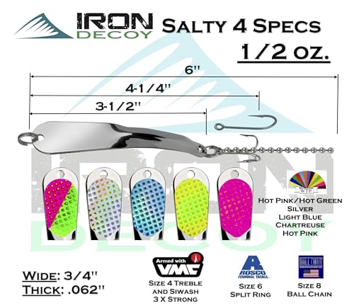 IRON DECOY Salty Fishing Lure Spoon, Saltwater, Casting, Trolling, Jigging, Seatrout, Striped Bass, Mackerel, Snook, Tarpon, Bluefish, Salmon - color: Silver, size: 1/2 OZ