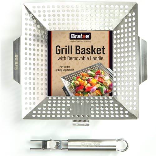 Heavy-Duty Stainless Steel Grill Basket – 12" x 13.75" Large BBQ Basket with Removable Handle – Durable Grilling Basket for Vegetables & Meat – Outdoor Cooking Accessory for Gas & Charcoal Grills - size: w/out Scrub Sponges