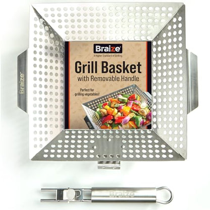 Heavy-Duty Stainless Steel Grill Basket – 12" x 13.75" Large BBQ Basket with Removable Handle – Durable Grilling Basket for Vegetables & Meat – Outdoor Cooking Accessory for Gas & Charcoal Grills - size: w/out Scrub Sponges