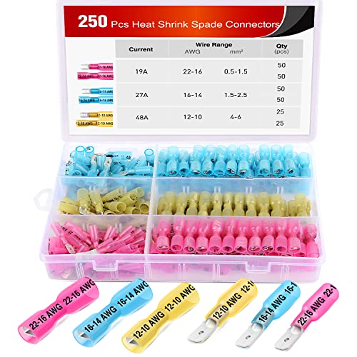 Nilight - 50027R 250 PCS Heat Shrink Spade Connectors Quick Disconnect Wire Connectors Electrical Spade Terminals Heat Shrink Fully Insulated Male and Female Wire Spade Connectors,2 Years Warranty - color: 250Pcs Heat Shrink Spade Terminals