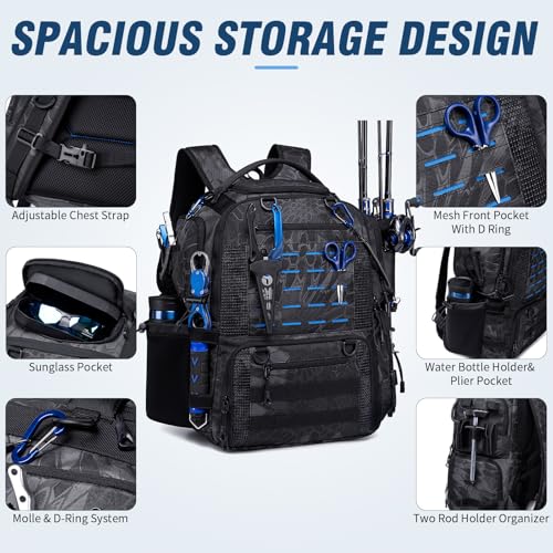 Fishing Tackle Backpack with Tackle Boxes, Two Rod Holders, Bottle Holder, 50L Waterproof Tackle Bag for Fishing Gear, Fish Gifts for Men, Black Camo (4 Tackle Boxes Included - color: Black Camo（4 Tackle Boxes Included）