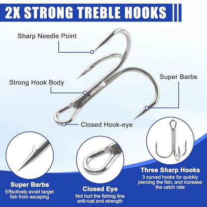 Fishing Treble Hooks Assortment, Sharp Brabed Triple Fishing Hooks Set High Carbon Steel Round Bend for Trout Catfish Lures Freshwater Saltwater, Assorted Size 4 6 8 10 12 - style: 140pcs Silver Treble Hooks Set