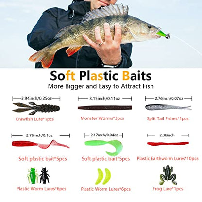 Fishing Lures Kit Set, Baits Tackle Including Crankbaits, Topwater Lures, Spinnerbaits, Worms, Jigs, Hooks, Tackle Box and More Fishing Gear Lures for Bass Trout - color: 87Pcs Fishing Lures Kit