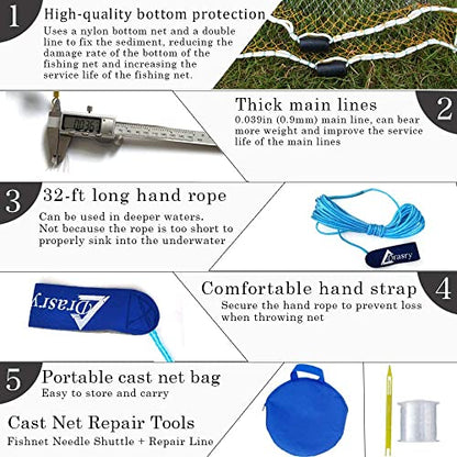 Drasry Saltwater Fishing Cast Net for Bait 3/8 1/4 or 1/2 with Heavy Sinkers Fish Trap Throw Net. Size 3ft/4ft/5ft/6ft/7ft/8ft/9ft/10ft Radius Freshwater Nets - size: 5FT (150cm) Radius, style: Pvc-0.3mm Mono 3/8mesh
