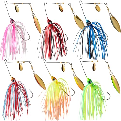 6 Pcs Bass Spinner Baits Kit, Premium Hard Metal Spinnerbaits for Bass Fishing 3/8oz with Skirt, Freshwater Fishing Lures