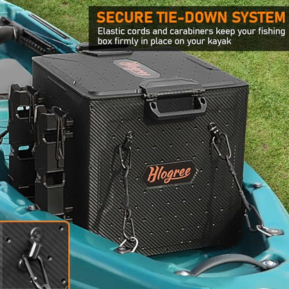 HLOGREE FlexCrate Kayak Fishing Crate with 4 Rod Holders (Assembly Needed),13''x13''x13'' Compact Kayak Tackle Storage Box & Gear Organizer for Kayaks,with Lockable Lid - Black,DIY & Lightweight