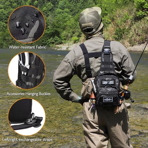 Dovesun Small Fishing Backpack, Waterproof Fly Fishing Sling Pack Tackle Bag with Tackle Boxes - color: A-Black(Size:17.7*8.5*5.7in)