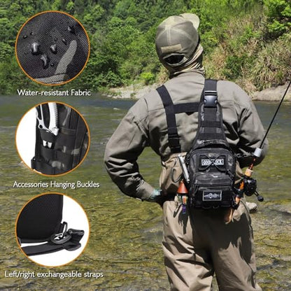 Dovesun Small Fishing Backpack, Waterproof Fly Fishing Sling Pack Tackle Bag with Tackle Boxes - color: A-Black(Size:17.7*8.5*5.7in)