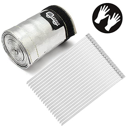 Heat Shroud Sleeve Aluminized 2 Pcs for Ultimate Heat Protection Hose Wire Shield 1-1/4''I.D. x 10FT, with 20 Pcs 7.8Inch Stainless Steel Cable Metal Zip Ties - size: 2*1-1/4''I.D. x 10FT