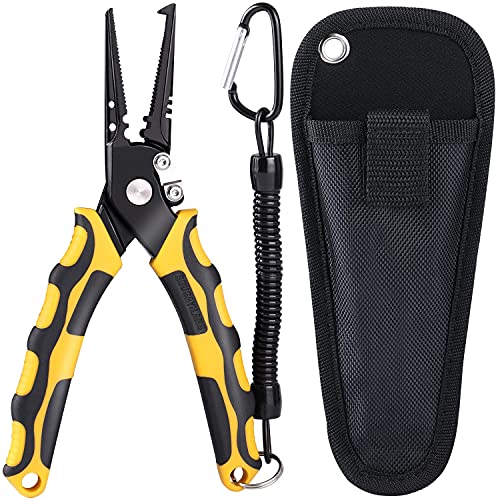 Sougayilang Fishing Pliers,Sheath and Lanyard Tungsten Carbide Cutters,420 Stainless Steel Fishing Tools,Saltwater Resistant Fishing Gear with Rubber Handle-7.5'' Split Ring Nose - Yellow - color: 7.5'' Split Ring Nose-yellow
