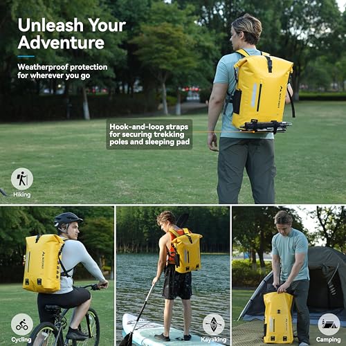 MARCHWAY Roll Top Waterproof Backpack, Floating Dry Bag 20L/30L/45L with Ergonomic Rectangular Base, Cushioned Back, Hip Strap for Hiking Camping Kayaking Travel (Yellow, 20L) - color: Yellow, size: 20L