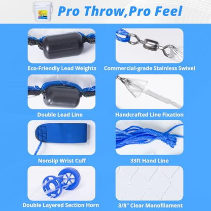 1.3 lbs/ft Fishing Cast Net with Eco-Friendly Lead Weights, 3/8inch Mesh Size, Throw Nets for Freshwater & Saltwater, 4/6/8/10/12 Ft Radius Casting Net (10 ft Radius)