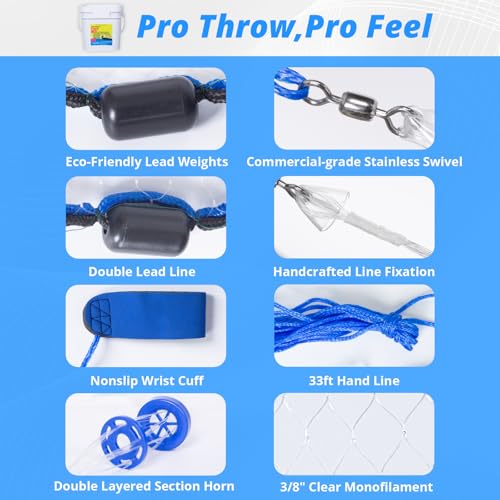 1.3 lbs/ft Fishing Cast Net with Eco-Friendly Lead Weights, 3/8inch Mesh Size, Throw Nets for Freshwater & Saltwater, 4/6/8/10/12 Ft Radius Casting Net - ProCast Series - size: 4-ft radius