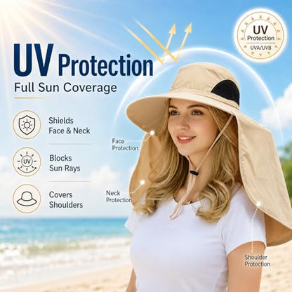 HUAMULAN Women Large Brim Sun Hat with Neck Flap, Men Quick Dry Hiking Fishing Safari Hat UPF 50+ - color: Yq005-beige