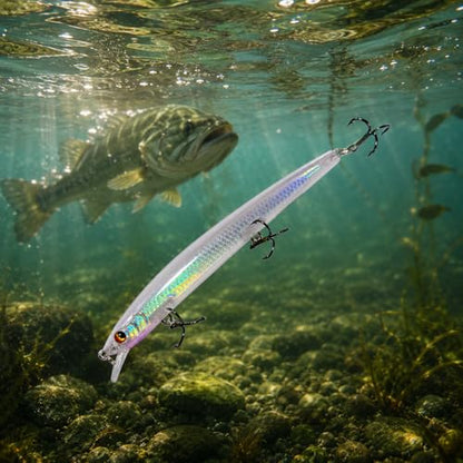 Artificial Plastic Minnow Hard Crankbait Fishing Lure with Treble Hooks for Bass and Trout
