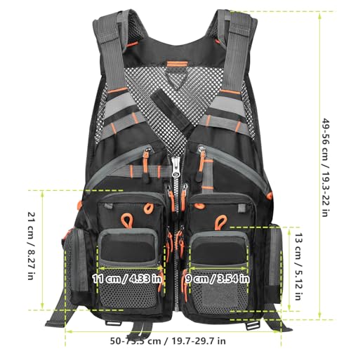 Gonex Fly Fishing Vest for Men Women, Comfortable Adjustable Fishing Vest with Multi-Pockets Reflective Stripes - color: Black+orange