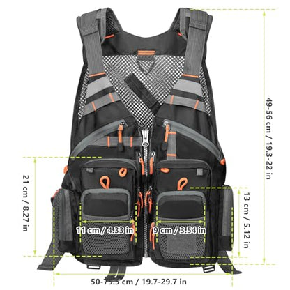 Gonex Fly Fishing Vest for Men Women, Comfortable Adjustable Fishing Vest with Multi-Pockets Reflective Stripes - color: Black+orange