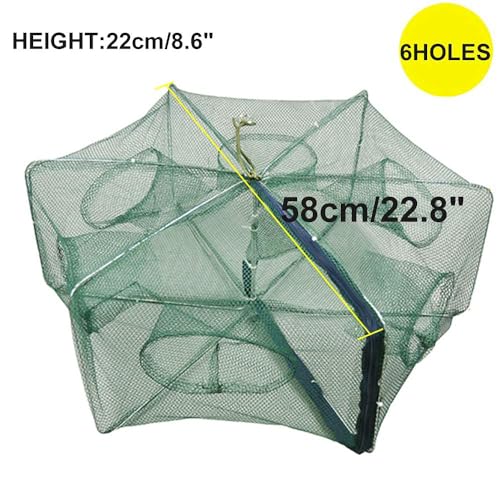 Foldable Fish Trap,Minnow Crawfish Crab Crayfish Bait Net,Portable Shrimp | 1/2 Pcs Crawdad Cast,Nylon Mesh Steel Frame,Durable Lightweight Zipper,Entrances 360 Design,Lakes Rivers Sink Catch - color: 1Pc 6 holes