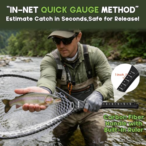 Riverruns Fly Fishing Landing Net Carbon Fiber Trout Net with Measurement Handle, Soft Rubber Mesh - 26" Standard (Wading) / 37" Long (Kayak) - color: 26" Wading Net (Standard) - Black Carbon