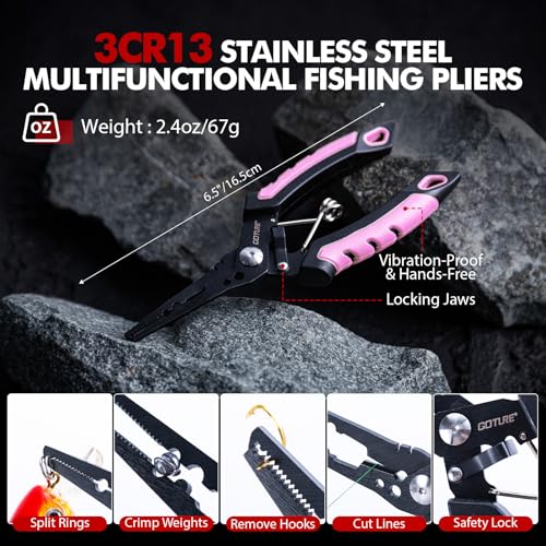 Goture Fishing Tool Kit,Fishing Pliers,Fillet Knife with Sheath,Fish Lip Gripper,Fish Hook Remover,Lanyard,Line Scissors,Sharpener,Stainless Steel Soap,Saltwater Gear Kit,Red/Pink,Gifts for Men/Women - color: B1:6pcs Pink Fishing Tool Kit