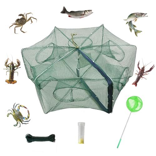 Foldable Fish Trap,Minnow Crawfish Crab Crayfish Bait Net,Portable Shrimp | 1/2 Pcs Crawdad Cast,Nylon Mesh Steel Frame,Durable Lightweight Zipper,Entrances 360 Design,Lakes Rivers Sink Catch - color: 1Pc 6 holes